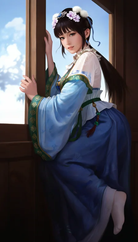 masterpiece,best quality,amazing quality,
<lora:wangyuanjiNAI:1>,wangyuanji,realistic,
1girl,solo,black hair,blunt bangs,updo,low ponytail,white scrunchie,hair ornament,white hair pom pom,purple hair flower,blue hair ribbon,blue earrings,
grey eyes,
necklace with blue gem,lace collar,short sleeve sheer cardigan,blue chest-high skirt,blue detached sleeves with green trim,white waist sash,green waist belt,green waist belt,
white lace socks,no shoes,
looking to the side,(from side:1.2),leaning on window,hands on window frame,blue sky,cloud,window,indoors,depth of field,soft lighting,light particles,fog,