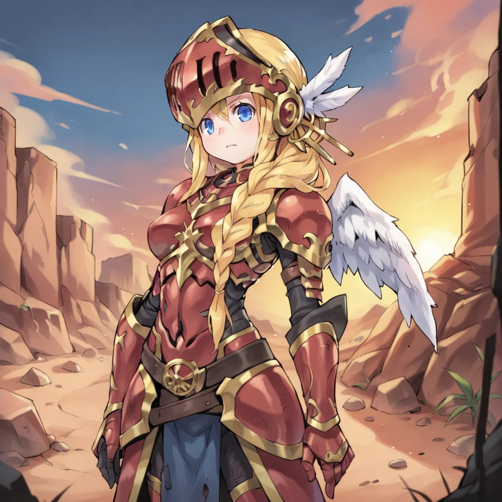 (score_9, score_8_up, score_7_up, score_6_up), source anime, BREAK, <lora:Aegina:0.60> , aegdef, 1girl, blonde hair, long hair, braid, blue eyes, valkyrie, visor (armor), winged helmet, armored dress, armor, gauntlets, boots, serious, angel wings, closed mouth, looking at viewer, solo, cowboy shot, <lora:zy_Detailed_Backgrounds_v1:0.5> , detailed background, highly detailed, castle, fortress, wasteland, desert, sunset, angel, angel <lora:h0undedXLP:0.6> , h0unded,