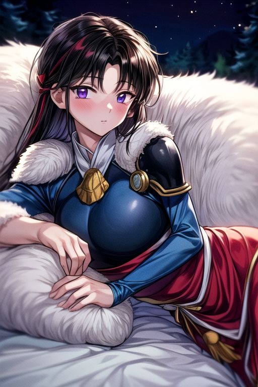 2girls, son, masterpiece,  best quality 1girl Setsun4 solo long hair,  (night time) forest background black hair very long hair purple eyes multicolored hair armor (fur trim) (medium body),<lora:EMS-179-EMS:0.800000>,<lora:EMS-293862-EMS:0.800000> bow, hair_bow, hair_tubes, red_bow, brown_hair, long_hair, bangs, ascot, frilled_bow, yellow_ascot, blush, smile, hair_between_eyes, athletic, armor, miko, ,(((intricate outfit,intricate clothes,embroidered outfit,ornate outfit,embroidered clothes,ornate clothes))), laying down, lying down