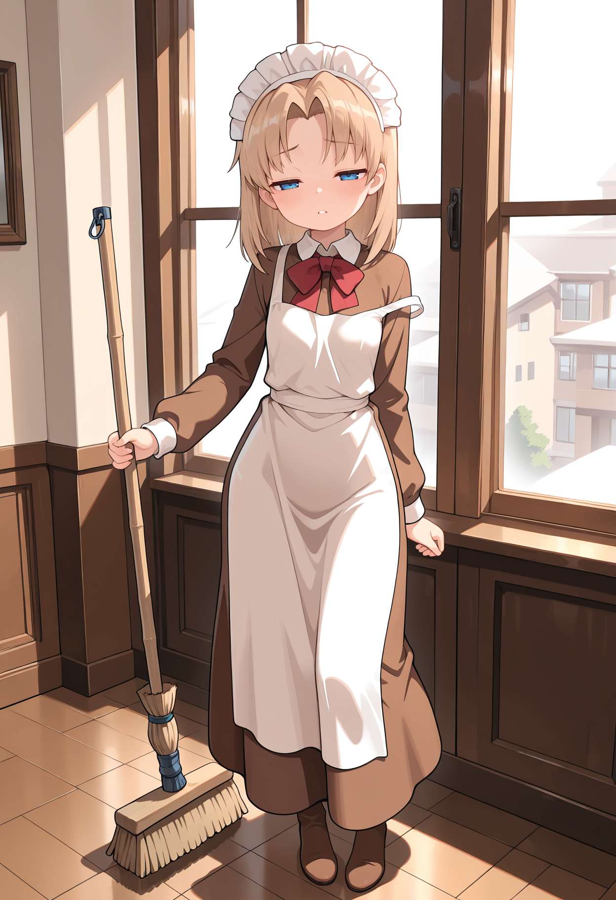 1girl,solo,
medoi,
light brown hair,medium hair,parted bangs,curtained hair,blue eyes,raised eyebrows,half-closed eyes,
(sleepy:0.6),blush,frown,parted lips, 
long skirt,brown dress,maid headdress,long sleeves,red bowtie,collared dress,white apron,strap slip,
f, standing, [pole dancing:holding broom:0.2], 
full body, 
indoors, window, in_room,
masterpiece,best quality,amazing quality,very aesthetic,absurdres,newest,
<lora:reduce_wrinkles_illstriouosv0.1_ADDifT_2_in_1_v1.2:0.8>,<lora:99coins_nijiura_maid_IL_v5_06:1>,