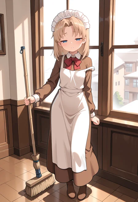 1girl,solo,
medoi,
light brown hair,medium hair,parted bangs,curtained hair,blue eyes,raised eyebrows,half-closed eyes,
(sleepy:0.6),blush,frown,parted lips, 
long skirt,brown dress,maid headdress,long sleeves,red bowtie,collared dress,white apron,strap slip,
f, standing, [pole dancing:holding broom:0.2], 
full body, 
indoors, window, in_room,
masterpiece,best quality,amazing quality,very aesthetic,absurdres,newest,
<lora:reduce_wrinkles_illstriouosv0.1_ADDifT_2_in_1_v1.2:0.8>,<lora:99coins_nijiura_maid_IL_v5_06:1>,