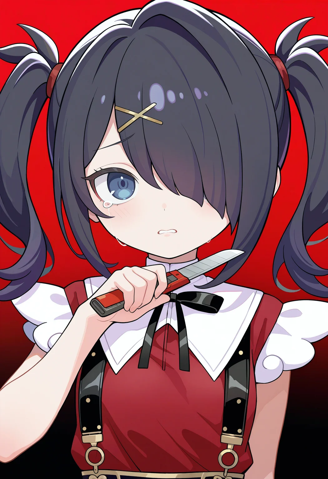 masterpiece, best quality, high quality, detailed, absurdres, uncensored, <lora:kejuki:1> kejuki, ketsu juuji killer \(kejuki\), red background, black background, gradient background,
BREAK 1girl, ame-chan \(needy girl overdose\), (small breasts:0.4), twintails, x hair ornament, hair over one eye, red shirt, black skirt, sleeveless shirt, suspender skirt, holding boxcutter, tearing up, (clenched teeth:0.6), hand up, looking at viewer, portrait, close-up