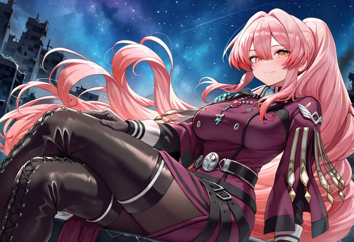 exosister martha, 3girl, 全身、sitting, smile, crossed legs, looking at viewer, night, starry sky, ((sky)), closed mouth, black cross-laced thigh boots, blush, large breasts, outdoors, black pantyhose, purple military dress uniform, purple capelet, black gloves, silver necklace, from side, ruins,
masterpiece,best quality,amazing quality,very aesthetic,absurdres,newest,<lora:Exosister Martha illusXL v1:0.7>,