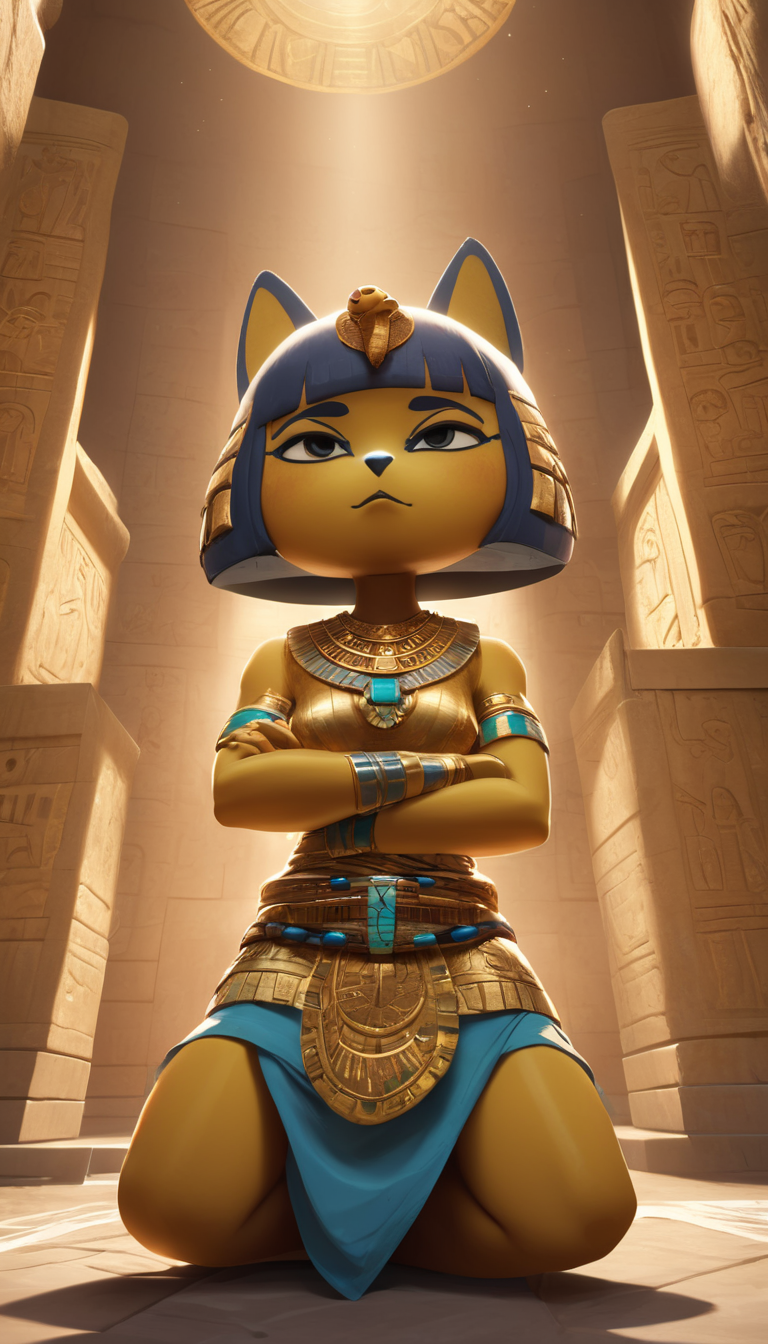 breathtaking Cinematic scene, single, extreme close-up, view from below, looking at viewer, looking at camera, Ankha, Animal Crossing <lora:ankha_v0.0.1:1>, arms crossed, swinging, disgust look, dominating look, sacred temple interior, detailed background, masterpiece, best quality, high quality, absurdres . award-winning, professional, highly detailed