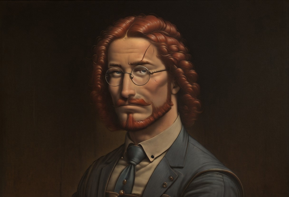 LeonardoDaVinciStyle-IL.V1.0, oil painting, fine art, classic art, masterpiece, best quality, 1boy, glasses, red hair, suit, round glasses, beard, facial hair, mustache, scar, scars on face
