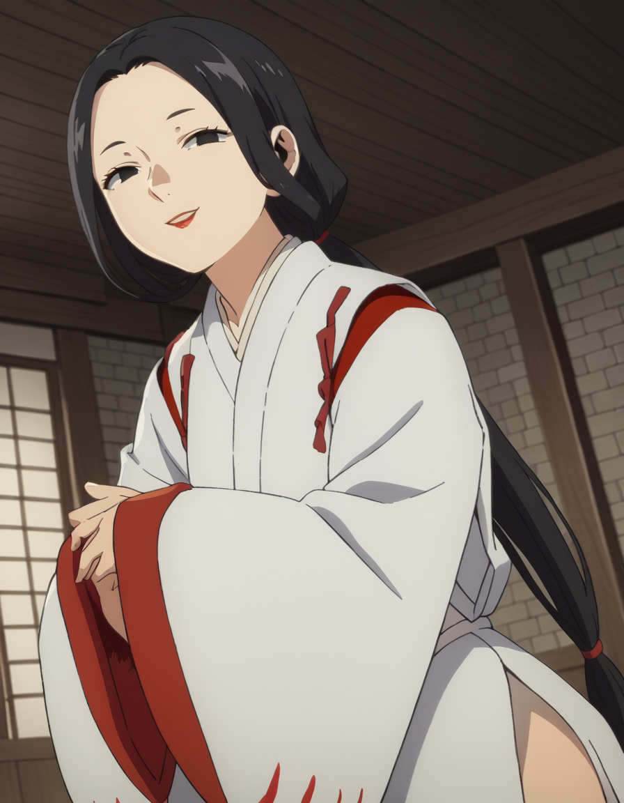 score_9, score_8_up, score_7_up, source_anime,
maizuru, <lora:maizuri-s1-ponyxl-lora-nochekaiser:1>,
maizuru, black hair, black eyes, long hair, low-tied ponytail, forehead, makeup, lipstick, red lips,
japanese clothes, wings, wide sleeves,
indoors, dojo, bent over, smile,
looking at viewer, solo, cowboy shot, dutch angle,