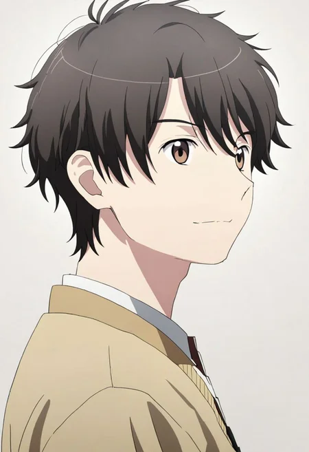 high resolution, solo, best quality, 1Boy, Inaho Kaizuka, Black Hair, Brown Eyes, potrait, dark shirt, looking at viewer, focused gaze forward, simple background, straight body, upper body, head upright, happiness, OverallDetail