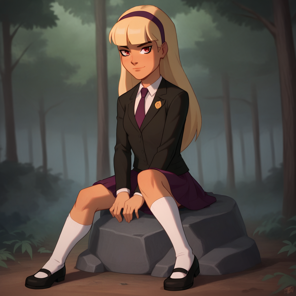 score_9_up, score_8_up, BREAK, YJTheC, 1girl, solo, blonde hair, long hair, red eyes, headband, suit, formal, necktie, skirt, white socks, mary janes, forest, sitting on rock,  <lora:TheChild_YoungJustice_PXL_Leaf1:1>, looking at viewer