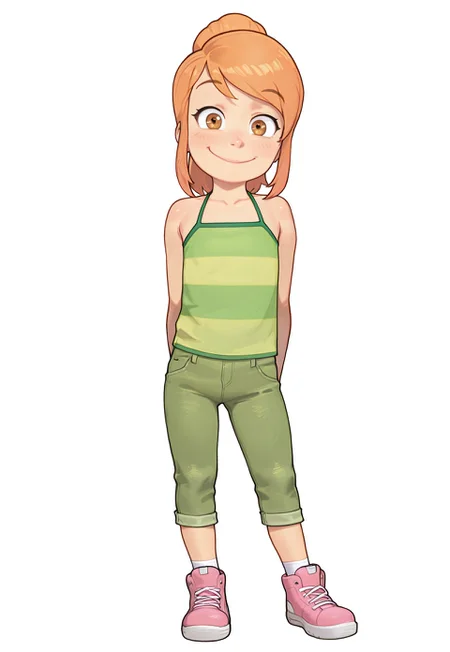 official art, masterpiece, best quality, absurdres, amazing quality, 4s0r4, smooth style, andilf ,HD, 4K, possmach, 1girl, solo, young, younger, flat chests, petite, CAV_TDef, halter shirt, sleeveless shirt, striped shirt, green shirt, jeans, green jeans, capri pants, pink footwear, sneakers, smile