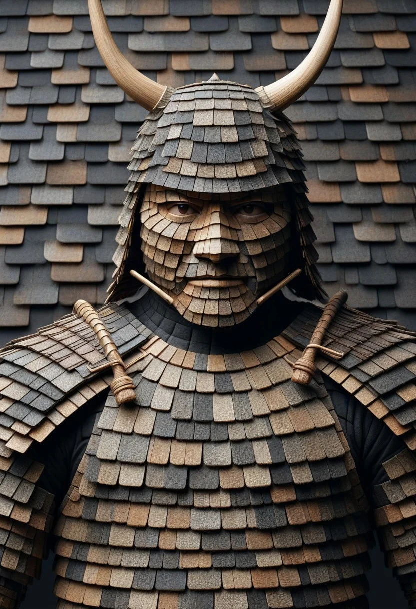 detailed, realistic, 8k uhd, high quality, masterpiece, mad-shingles, samurai, samurai armor made of shingles, black background