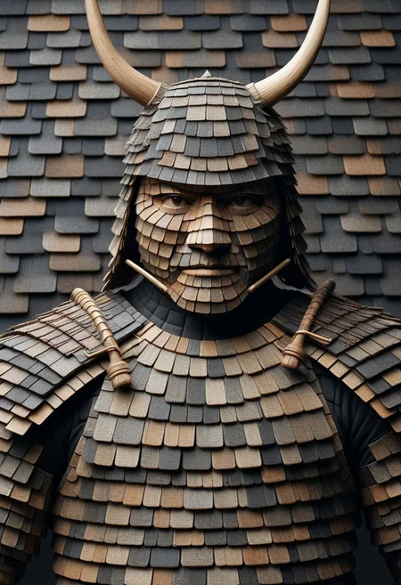 detailed, realistic, 8k uhd, high quality, masterpiece, mad-shingles, samurai, samurai armor made of shingles, black background