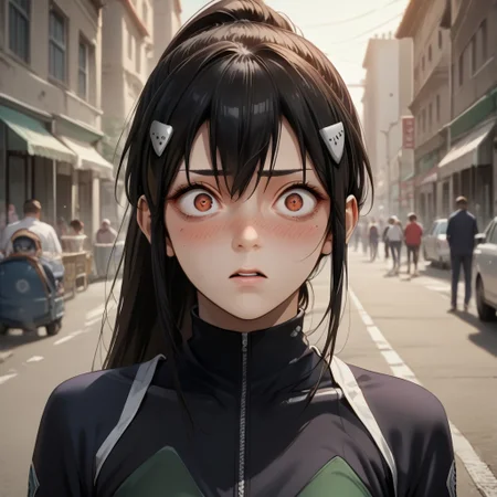 score_9, score_8_up, score_7_up, source_anime, expressive, anime, Artist speedlines, dynamic, 1girl, mina_ashiro, black hair, ponytail, long hair, hair ornament, mole under eyes, orange eyes, blush, blushing, embarrassed, detailed eyes, BDSM, blushing, surprised, mindbreak, fucked_silly, defeated_heroine
