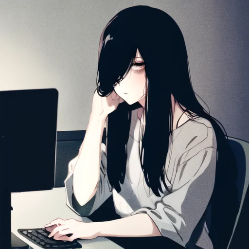 ((masterpiece)),(best quality), absurdres,sadako_yamamura,<lora:Sadakobest:0.8>, <lora:conceptBagsUnderEyes_v10:1.2>,Bags under eyes, portrait, using phone, on computer, looking at computer, dark room, light from computer, sitting on chair,