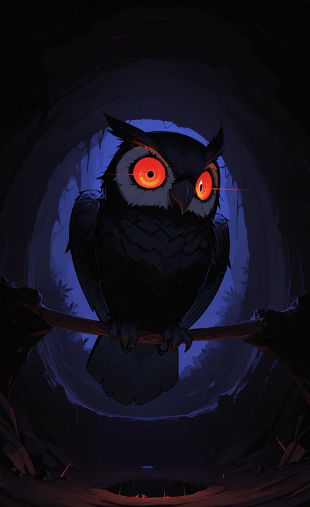 masterpiece, best quality, good quality, newest, highres, absurdres, solo, no humans, bird, dark, crow, horror \(theme\), fisheye, owl, cave, hole,glowing eyes, Laser eyes, Flat vector illustration,
10F0UR_style, <lora:illustriousXL_stabilizer_v1.23:0.3> <lora:NOOB_vp1_detailer_by_volnovik_v1:0.3> <lora:ponyv6_noobE11_2_adamW-000017:0.45> <lora:checkpoint-e18_s306:1.2> <lora:10F0UR_illu:0.85>