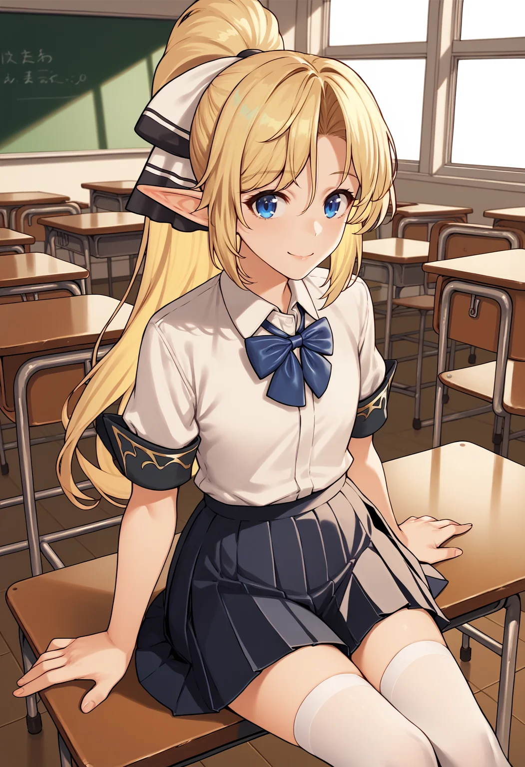 score_9, score_8_up, score_7_up, score_6_up, score_5_up, score_4_up, BREAK, smile, sunbeam, classroom, sitting,
<lora:irisv1:1>, irisek, blonde hair, blue eyes, pointy ears, long hair, ponytail, hair ribbon, irisdefault, white thighhighs, collared shirt, short sleeves, pleated skirt, gold trim, blue bowtie