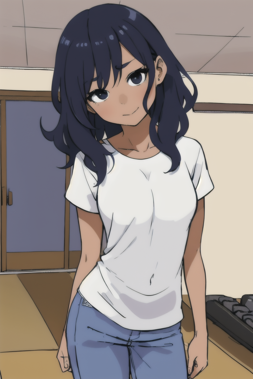 Sindhis (Pakistan and India) 49 years old woman Auburn Jheri Curl, in the Exercise room, Standing with one arm extended out to the side and other hand on hip, Jeans and a white t-shirt, EdobSouichirouYamamotoArtStyle  <lora:EdobSouichirouYamamotoArtStyle_v1.0:0.8>