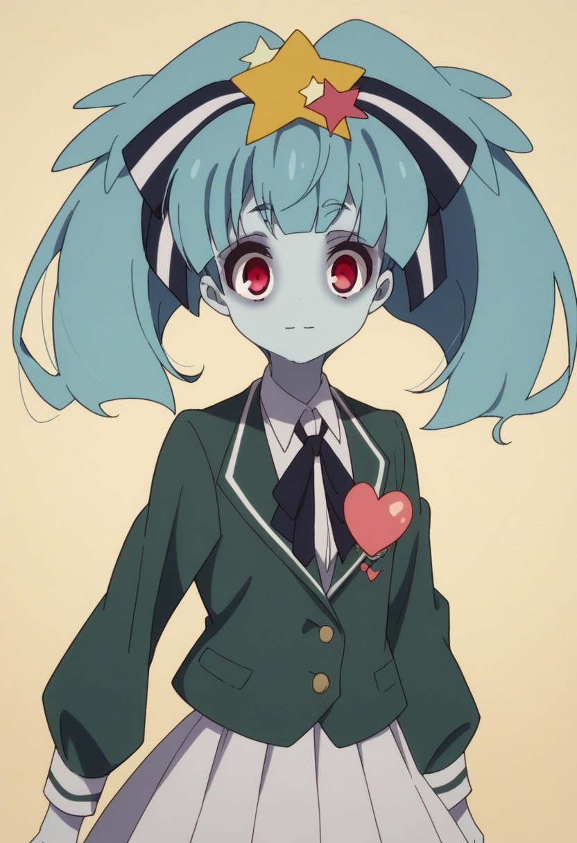 score_9, score_8_up, score_7_up, source_anime, highly detailed, 
lilyhoshikawa, 1girl, zombie costume, red eyes, solo, hair ornament, twintails, star hair ornament, skirt, blue skin, star (symbol), school uniform, colored skin,
aqua hair, heart, upper body, long hair, jacket, ribbon, pleated skirt, hair ribbon,