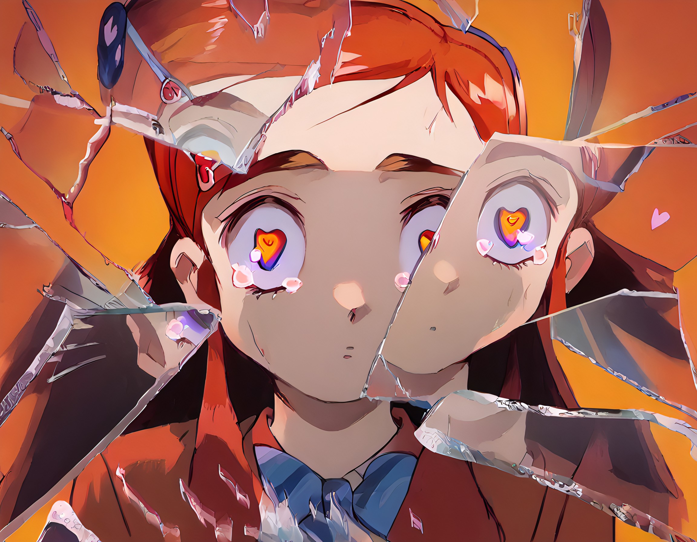 score_9,score_8_up,score_7_up,high quality,highres,masterpiece,colorful,abstract background,abstract,((hearts)),((hearts)),tears,IncrsXLBrknGls,broken glass,reflection,upper body,about to go insane,looking at viewer,wide-eyed,eye focus,from above,heart-shaped pupils, Honoka Kosaka, Orange hair, Shoulder-length hair, Side ponytail with orange ribbon, Amber eyes, Fair skin, Energetic appearance, School uniform attire, Orange-themed accessories, Slightly messy hairstyle, Noticeable ahoge, honoka