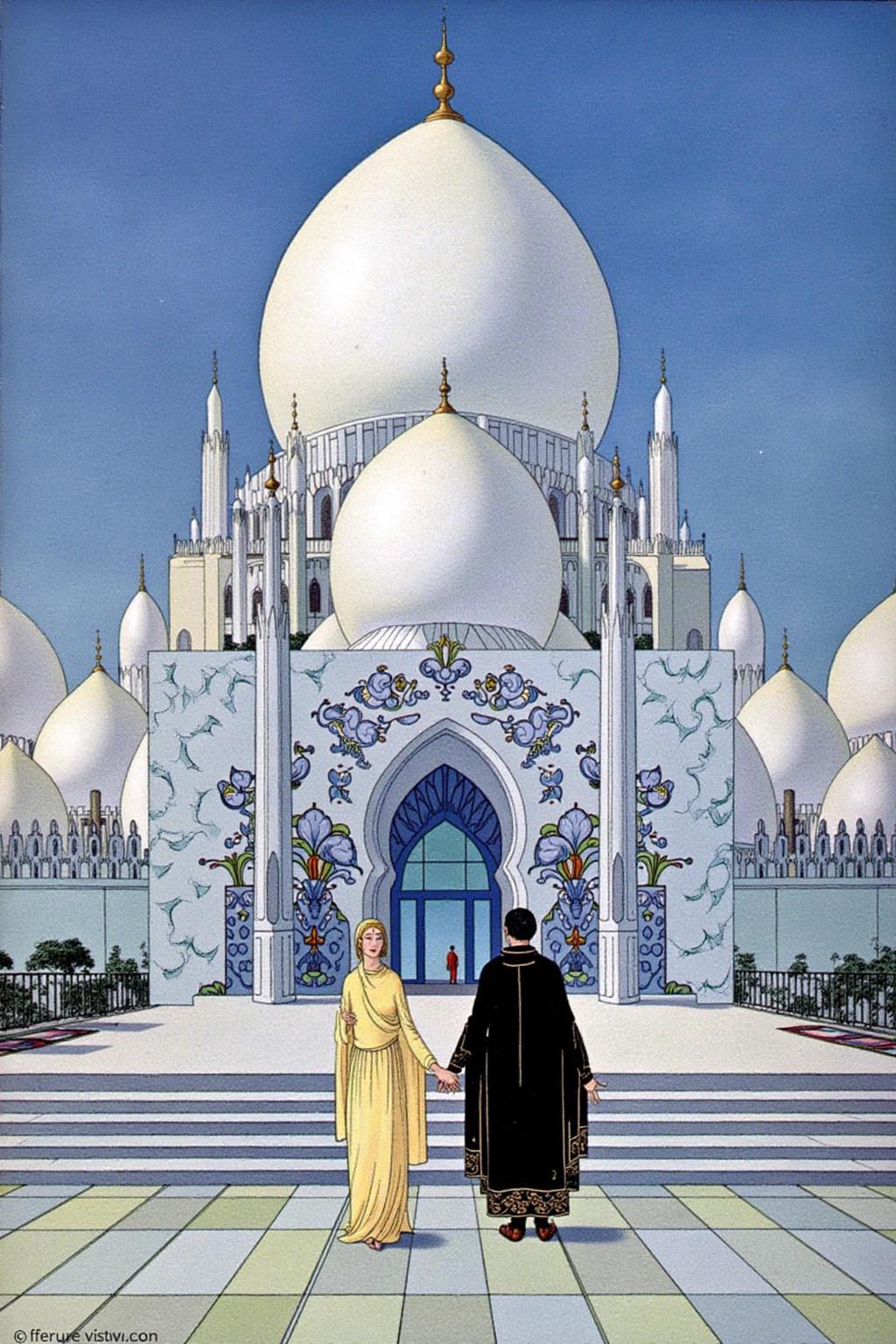 sterrett1 color illustration.
A man and a woman, dressed in flowing robes, are standing on the steps in front of a majestic, ornate palace. The palace has a large, bulbous dome and numerous smaller domes and minarets, all rendered in shades of white.
 <lora:sterrett1_cap_d6a3e8:1.0><lora:837014664425591742:0>