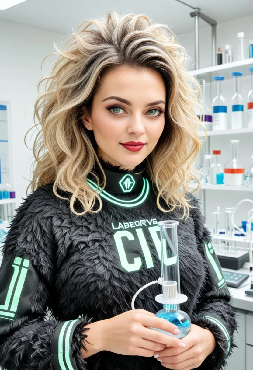 420futurism, (close up:1.8), Stable_Yogis_PDXL_Positives, (hemp long coat), Realism_Quality_2xx_By_Stable_Yogi, (anatomically correct:1.7), photo, photo_realistic, 1girl, mature_woman, European, 27 years old, parted_lips, choker, seductive smile, sultry, serious stare, stern look, close-up, eye shadow, makeup, milf, mature female, pureerosface_v1, Expressiveh, intricate_details_xl, natural skin, realistic, hands out of view, red lipstick, makeup, streaked hair, black hair, yellow streaks in her hair, long side bangs, green highlights in bangs, thick lips, big hair, tall, natural eyes, high neck closure, fitness body, toned muscles, high cheekbones, solo, high turtle neck, (hands hidden:1.7), short puffy sleeves, high neck closure, fully dressed, gentle smile, closed mouth, (laboratory:2), (Fluffy hair:2.4), electroscope, generator, indoors, hemp clothing, cyberpunk, futuristic, (neon:1.6). (hemp clothes:1.8).