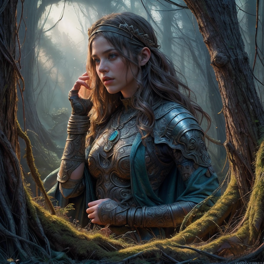 RAW photo, (masterpiece:1.3), subsurface scattering, heavy shadow, (high quality:1.4), (intricate, high detail:1.2), professional photography, HDR, High Dynamic Range, realistic, ultra realistic, photorealistic, high resolution, film photography, ambient lighting, atmospheric effects, <lora:detail_slider_v4:2>, OverallDetail, epic medieval fantasy, a hunter in the otherworldly woods, FanFo, <lora:FantasyForest-10:0.4>, with Sandy blonde long hair, headband, pendant with a holy symbol, metal arm cuff,  cape, in the morning, <lora:zoom_slider_v1:-1.5>,  <lora:cleavage:-1>, <lora:fantasyAI:0.5> tanjoreai, in the style of Tolkien, Middle Earth, epiCPhoto