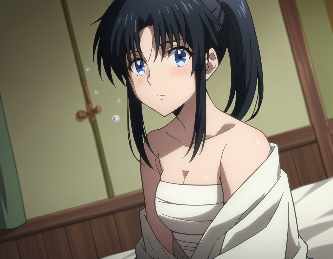 score_9, score_8_up, score_7_up, source_anime,
kaorukamiya, <lora:kaoru-kamiya-ponyxl-lora-nochekaiser:1>
kaoru kamiya, blue eyes, black hair,
cleavage, japanese clothes, open clothes, kimono, bandages, hakama, sarashi, open kimono, chest sarashi, hadanugi dousa, bokken, ponytail,
indoors, bed, bed room, on side, blush, drunk,
looking at viewer, dutch angle, cowboy shot