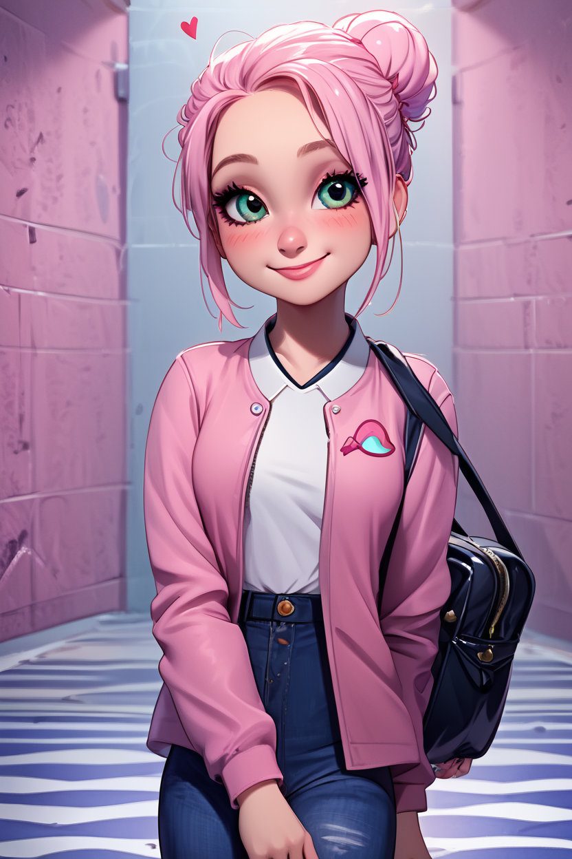 score_9, score_8_up, score_8, medium breasts, (curvy), cute, eyelashes,       BREAK, , zzBrooklynn, pink hair, single hair bun, pink jacket, denim pants,  <lora:Brooklynn_Jurassic_Park_PDXL_v2:0.7>, , BREAK, closed mouth, alternate costume, smile, looking at viewer, collared shirt, blush, sweater, black skirt, eyelashes, long sleeves, sleeves past wrists, plaid skirt, shoulder bag, black bag, blurry, tile floor, pleated skirt, white shirt, cowboy shot,  embedding:zPDXL, Expressiveh,  <lora:Vivid:0.7>,  <lora:LFashionPDXL:1>,  <lora:Uncensored_PonyXL_cpt_v02.09:0.4>,  <lora:Expressive_H-000001:0.4>,