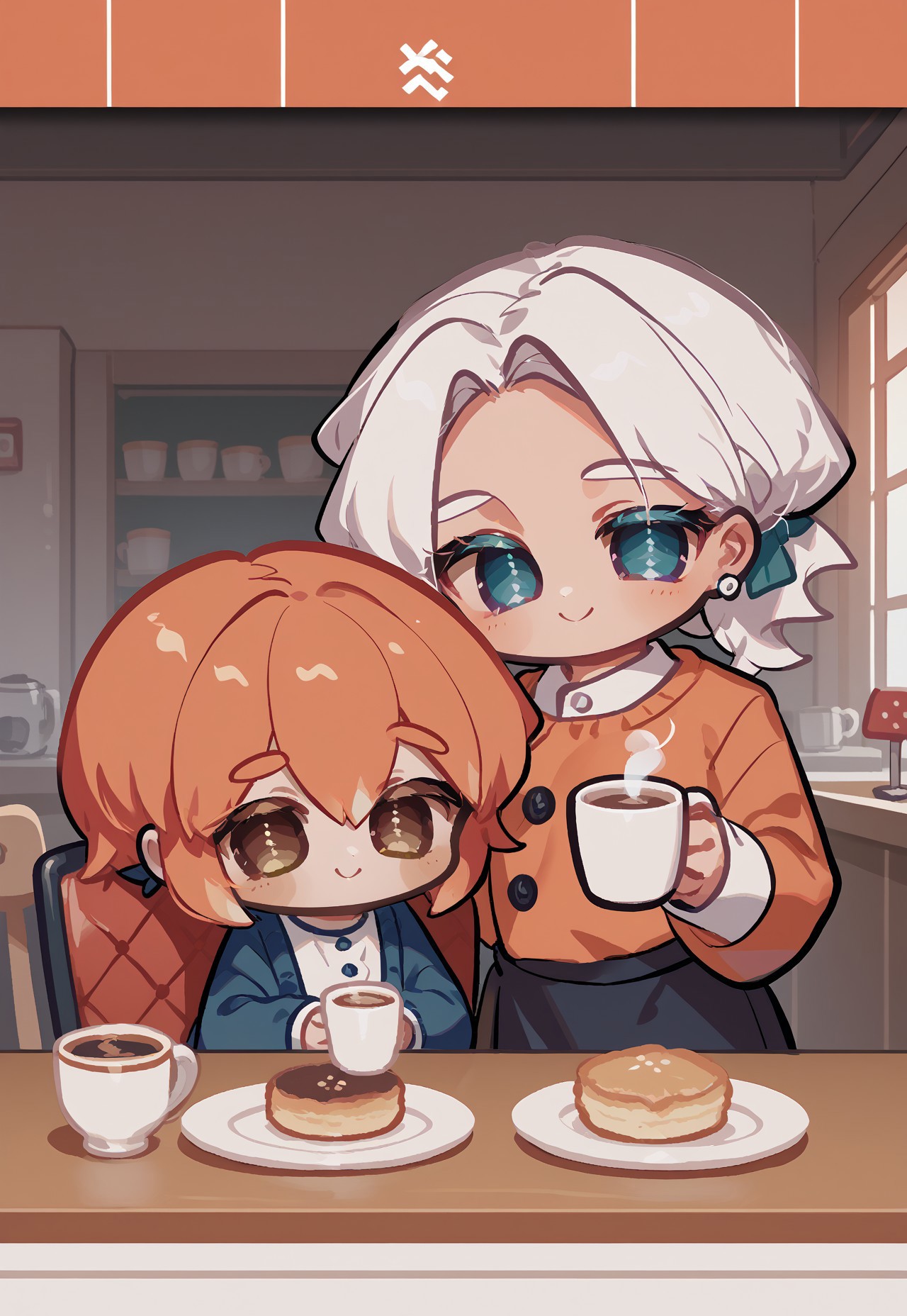 score_9, score_8_up, score_7_up, source_anime, (Omoyu Style), looking at viewer, 2girls, coffee maids, tables, chairs, smile, chibi