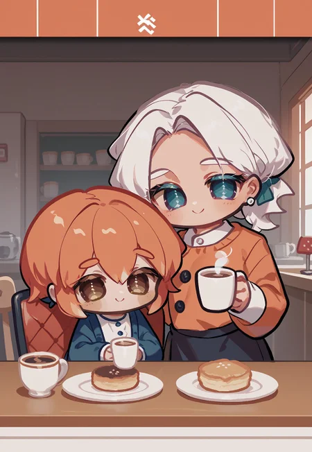 score_9, score_8_up, score_7_up, source_anime, (Omoyu Style), looking at viewer, 2girls, coffee maids, tables, chairs, smile, chibi
