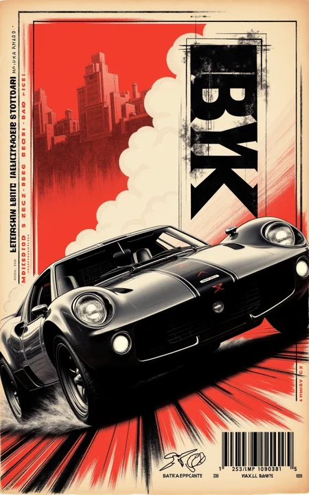 A brutalist retro-futurism poster featuring an ultra-aggressive sports car, mid-motion, with dust and smoke trailing behind. The car has a sharp, aerodynamic body, with gleaming headlights cutting through a textured, grainy background. The composition blends halftone textures, heavy contrast, and a structured collage layout with dynamic close-ups of the wheels, headlights, and a roaring exhaust. The background includes bold geometric distortions, glitch effects, and a barcode-style element featuring the word 'RYXM' in an industrial, grunge-style font. Abstract speed lines and torn-paper textures give the design a raw, high-energy feel. The overall aesthetic fuses vintage newspaper print with cyberpunk and dystopian elements, making the car look like a machine built for the future.