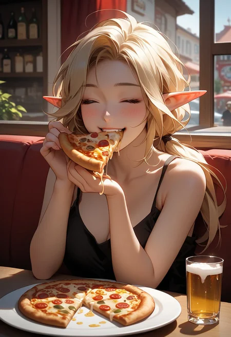 score_9,score_8_up,score_7_up, source_anime, 1girl, solo, 25yo, 1girl, cute perfect face, elven girl, elf ears, blonde, low ponytail, closed eyes, happy expression, blushing red face, black spaghetti string tank top, at a pizzeria, sitting at a table, eating pizza, biting a slice of pizza, beer, 2k resolution, Expressiveh,
