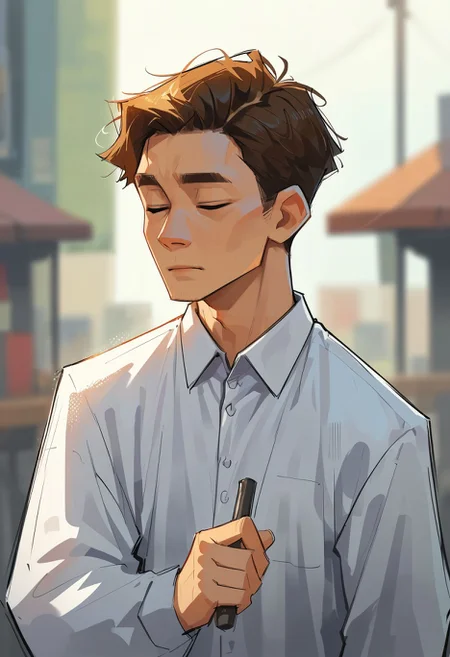 score_9,score_8_up,core_7_up, <lora:samdoesarts_pdxl_v1:1> 1boy, male focus, solo, closed eyes, shirt, upper body, collared shirt, holding, brown hair, blurry, long sleeves, blurry background, white shirt