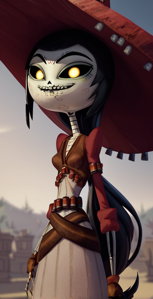 deadsanchez, score_9,score_8_up,score_7_up,score_6_up, solo, 1girl, hat, black hair, black hair, yellow eyes, colored sclera, black sclera, looking at viewer,  smug, <lora:Adelita_Sánchez_Pony_XL_Book_of_Life:1>