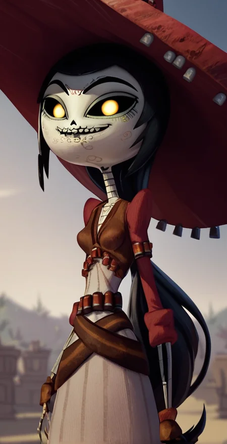 deadsanchez, score_9,score_8_up,score_7_up,score_6_up, solo, 1girl, hat, black hair, black hair, yellow eyes, colored sclera, black sclera, looking at viewer,  smug, <lora:Adelita_Sánchez_Pony_XL_Book_of_Life:1>