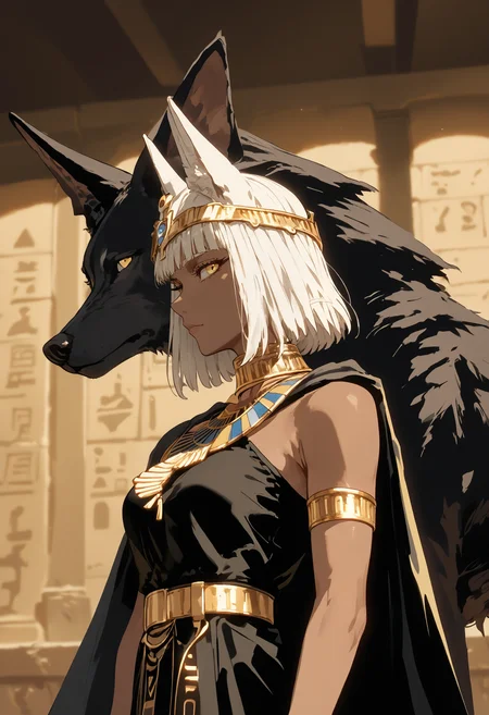 score_9, score_8_up, score_7_up, score_6_up, score_5_up, score_4_up,
<lora:NeonFantasyPonyXL:1> ne0nfant4sy,
1girl, solo, breasts, looking at viewer, short hair, dress, animal ears, closed mouth, bare shoulders, medium breasts, standing, upper body, yellow eyes, white hair, cowboy shot, sleeveless, indoors, medium hair, belt, dark skin, blunt bangs, black dress, cape, from side, dark-skinned female, looking to the side, profile, black pants, animal, bob cut, wolf ears, crown, tiara, armlet, circlet, black cape, wolf, egyptian, jackal ears, hieroglyphics