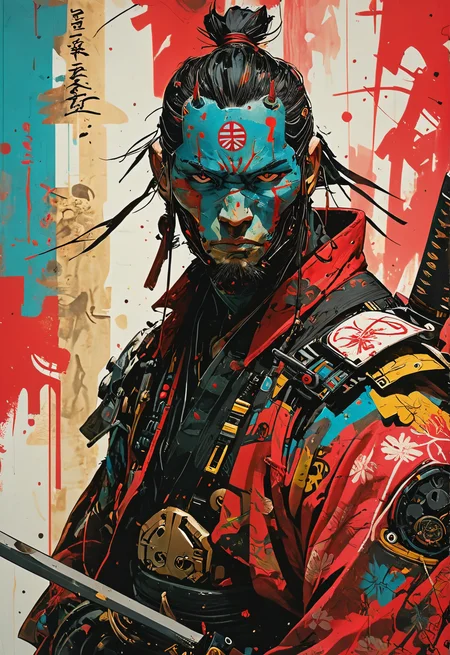 Cyborg Samurai, light and shadow, Jim Mahfood, Enki Bilal, ashley wood, Christopher Wool, Vibrant Storybook Digitalism, <lora:Cyberpunk _Anime_V2_light_version-SDXL:1>, <lora:add-detail-xl:1>, <lora:Sinozick:0.5>, <lora:MJ52:0.5>, <lora:sdxl_photorealistic_slider_v1:10>, <lora:Vintage_Street_Photo:0.5>
