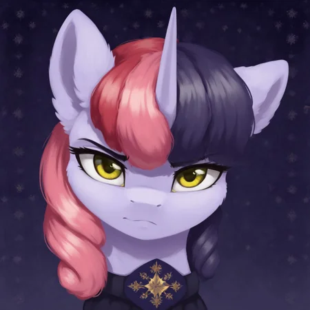 masterpiece, score_9, score_8_up, score_7_up, (best quality:1.1), ultra-detailed, high resolution, 1character, solo, Shinespark, pony, unicorn, feral, female, mare, (((beautiful detailed yellow eyes))), squinty eyes, eyelashes, eyebrows, fluffy pony ears, horn, light lavender skin, two toned mane, pastel pink mane, dark purple mane, black cloak, closed mouth, highly Visible, portrait, emblem of the Firtree Magocracy nation on the neck, sharp focus, perfect lighting, shadow, anatomically correct, extremely detailed, high detail, serious face, expressiveh, starry sky background