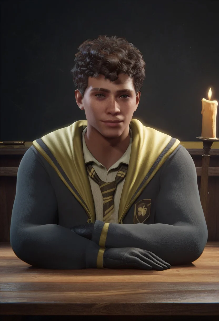 score_9, score_8_up, score_7_up, score_6_up, score_5_up, score_4_up, BREAK realistic, well built, skinny body type, twink, male focus, solo, face focus, good looking face, detailed face, detailed eyes, good looking eyes, perfect face, perfect eyes, 18 yr, soft face, perfecteyes, rounder face, 4ng3l face,
light dark skin, a scar on his right eyebrow, two eyebrow, freckless, dark brown curly hair, gaps on left, soft purple colored eyes, good lightning, great lightning,
hogwarts interior, hufflepuff robes, black gloves, looking at viewer, hufflepuff tie,
close up shot, hogwarts interior, classroom, chalkboard, candles on a table, looking at viewer,