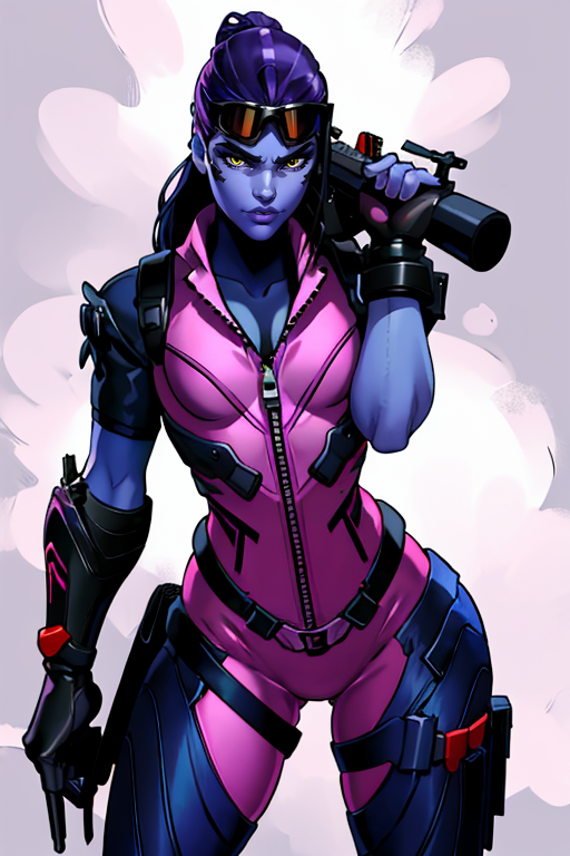 masterpiece,best quality,extreme detail,8k,image sharpness,<lora:widowmaker-10:0.8>, widow2,1girl,solo,long hair,breasts,looking at viewer,gloves,standing,yellow eyes,weapon,purple hair,cowboy shot,artist name,official alternate costume,lips,gun,bodysuit,makeup,alternate hairstyle,colored skin,watermark,goggles,web address,rifle,zipper,goggles on head,hair down,nose,blue skin,purple skin,sniper rifle,purple lips,pink bodysuit,