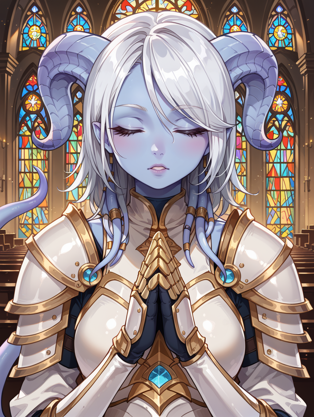 score_9, score_8_up, score_7_up,source_anime,BREAK,
portrait, close-up, 
yrel, draenei, silver hair, blue skin, tail, (white armor:1.1), golden armor, jewelry, breastplate, gauntlets, parted lips, praying, closed eyes, church, 
<lora:yrel:1>
