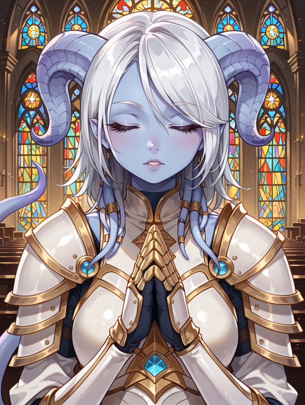 score_9, score_8_up, score_7_up,source_anime,BREAK,
portrait, close-up,
yrel, draenei, silver hair, blue skin, tail, (white armor:1.1), golden armor, jewelry, breastplate, gauntlets, parted lips, praying, closed eyes, church,
<lora:yrel:1>