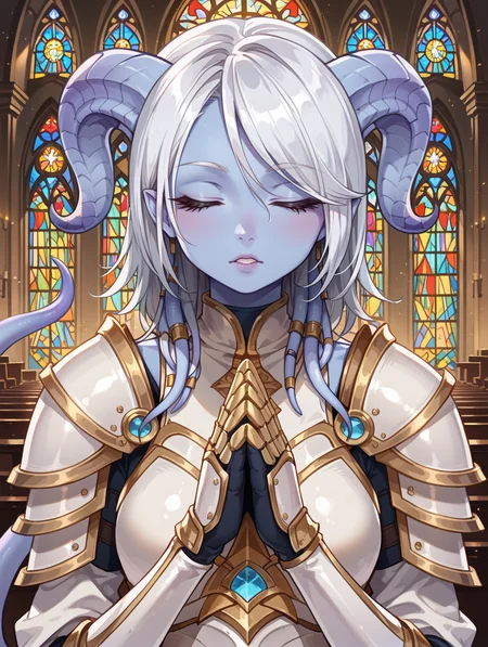score_9, score_8_up, score_7_up,source_anime,BREAK,
portrait, close-up,
yrel, draenei, silver hair, blue skin, tail, (white armor:1.1), golden armor, jewelry, breastplate, gauntlets, parted lips, praying, closed eyes, church,
<lora:yrel:1>
