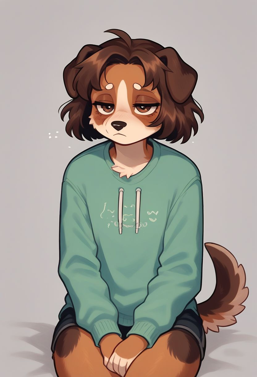 (easynegative 1) dog, sitting, tired, furry,  solo, anthro, cute art, simple  background,