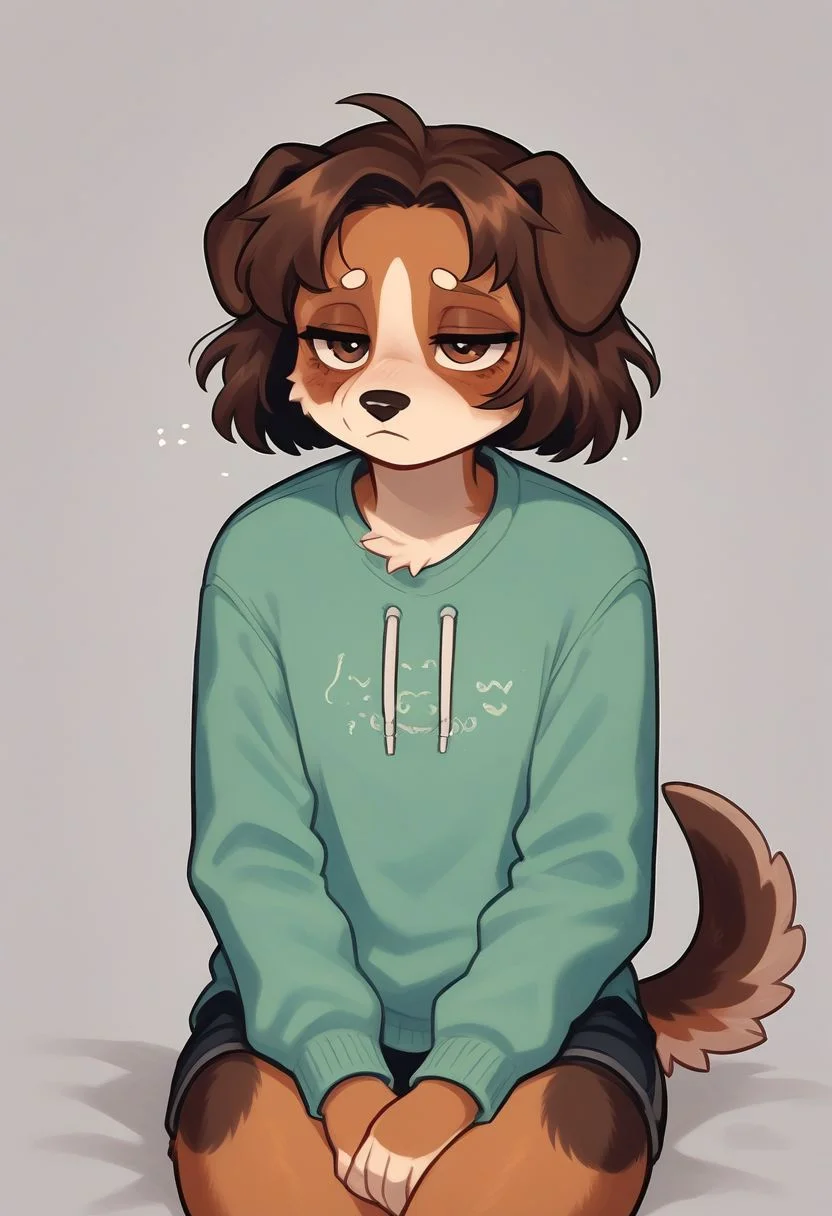 (easynegative 1) dog, sitting, tired, furry, solo, anthro, cute art, simple background,