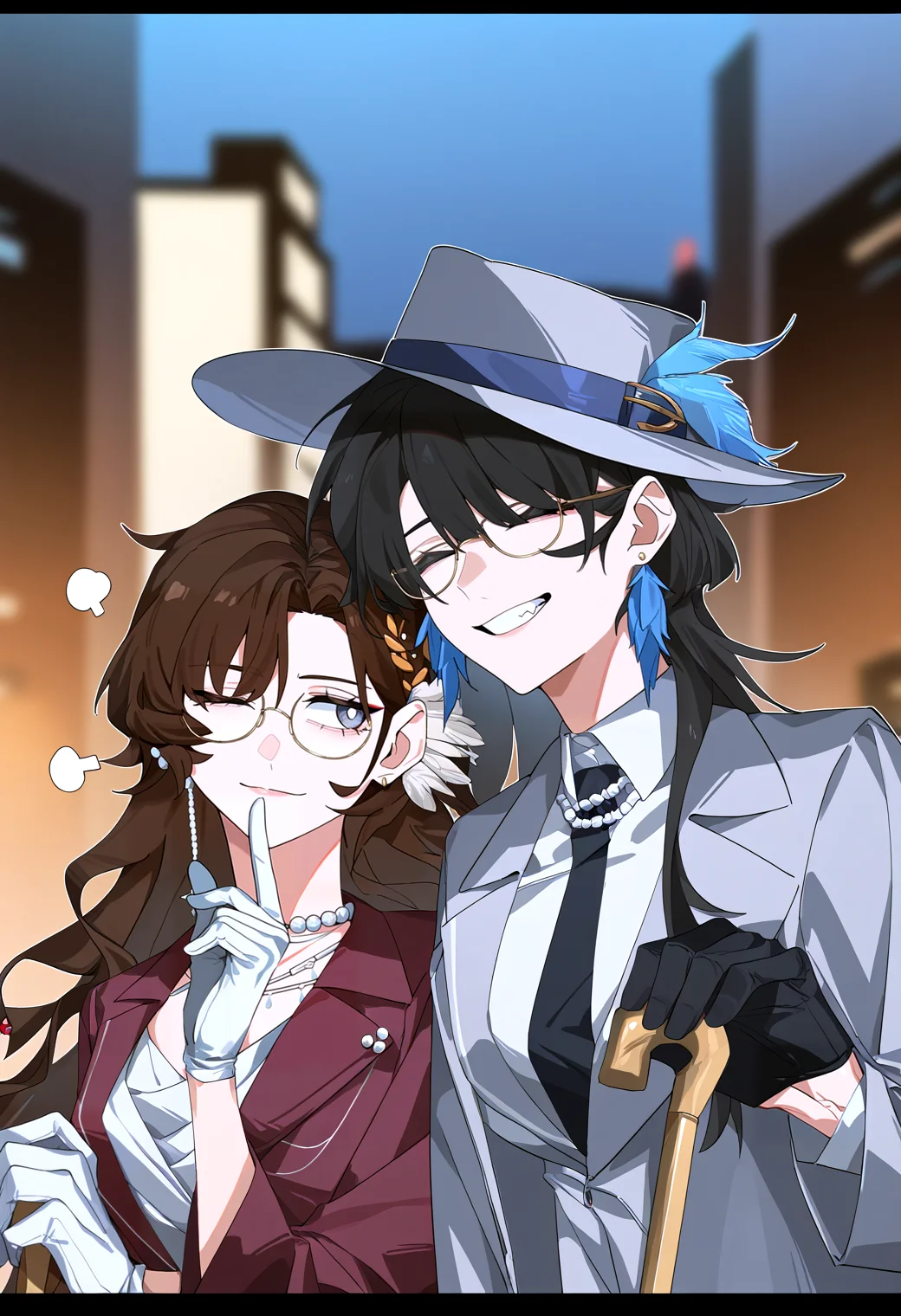 very awa, masterpiece, best quality, year 2024, newest, highres, absurdres, <lora:age_slider_v4:3> <lora:thicc_v1.4-pony:1.2>,detailed_background,indoors,long hair,earrings,happy,jacket,holding,white shirt,outside border,cityscape,reverse:1999,bright pupils,round eyewear,multiple girls,coat,teeth,absurdres,brown hair,necklace,yuri,^ ^,upper body,shirt,highres,grey jacket,molu stranger,kakania \(reverse:1999\),cane,holding cane,black gloves,fishnet veil,looking at another,black hair,hat,pearl necklace,isolde \(reverse:1999\),blurry,building,green eyes,gloves,grey hat,letterboxed,puff of air,side-by-side,jewelry,object to chin,wavy hair,feathers,purple coat,white pupils,;\),looking to the side,feather hair ornament,blurry background,one eye closed,2girls,official alternate costume,feather earrings,closed eyes,hair ornament,hand up,smile,grin,glasses,white gloves,hands up