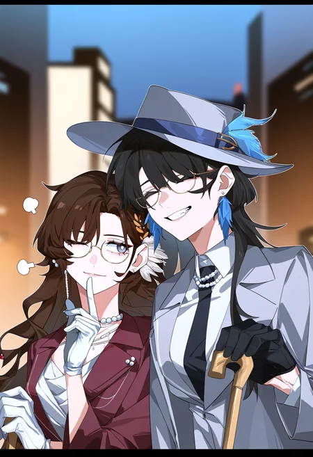 very awa, masterpiece, best quality, year 2024, newest, highres, absurdres, <lora:age_slider_v4:3> <lora:thicc_v1.4-pony:1.2>,detailed_background,indoors,long hair,earrings,happy,jacket,holding,white shirt,outside border,cityscape,reverse:1999,bright pupils,round eyewear,multiple girls,coat,teeth,absurdres,brown hair,necklace,yuri,^ ^,upper body,shirt,highres,grey jacket,molu stranger,kakania \(reverse:1999\),cane,holding cane,black gloves,fishnet veil,looking at another,black hair,hat,pearl necklace,isolde \(reverse:1999\),blurry,building,green eyes,gloves,grey hat,letterboxed,puff of air,side-by-side,jewelry,object to chin,wavy hair,feathers,purple coat,white pupils,;\),looking to the side,feather hair ornament,blurry background,one eye closed,2girls,official alternate costume,feather earrings,closed eyes,hair ornament,hand up,smile,grin,glasses,white gloves,hands up