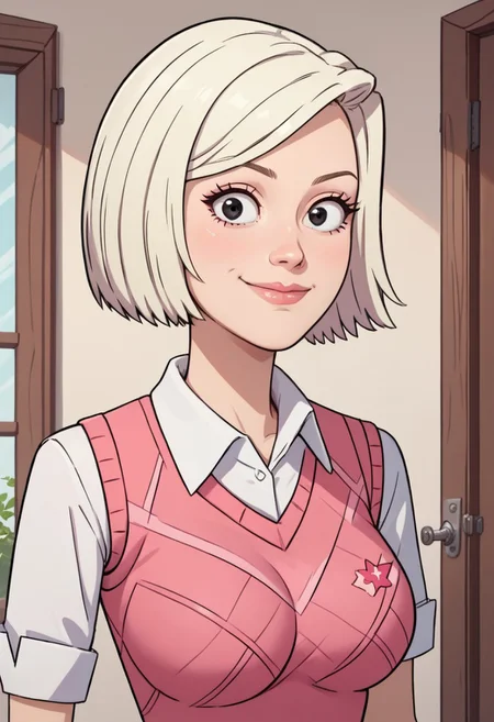 ((room background)),score_9, score_8_up, score_7_up,score_6_up,
1girl, solo, Audrey_RS, light skin, black eyes, light blonde hair, short hair, bob haircut, white short-sleeved shirt with collar, deep pink sweater vest, dark pink skirt, cyan flat shoes, big eyes, cute, tall stature, social smile, perfect eyes, perfect smile, looking at the viewer, detailed eyes, perfect eyes, standing, big breasts (front pose, bust shot, close up to face, face portrait:1) five fingers, perfect hands, hand on hip, hand up