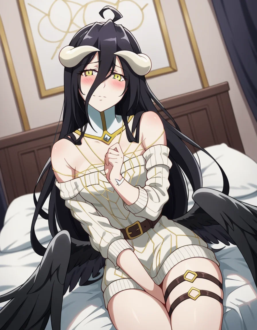 score_9, score_8_up, score_7_up, source_anime,
overlordalbedo, <lora:overlord-albedo-s1s2-ponyxl-lora-nochekaiser:1>,
albedo, ahoge, black hair, horns, long hair, yellow eyes,
bare shoulders, belt, black wings, collarbone, dress, feathered wings, frills, long sleeves, low wings, necklace, off shoulder, off-shoulder sweater, sweater, sweater dress, thigh strap, white sweater, wings, wrist ribbon, thighs,
indoors, bed, bed room, on side, blush, drunk,
looking at viewer, cowboy shot, solo, dutch angle,