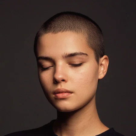 instagram photo, young woman with ((no makeup)), 18 years old, buzz cut, tomboy, black hair, closed eyes, natural skin, close up portrait, face the camera, looking at viewer, hard shadows, film grain, ((black background)), photoshoot, photo studio