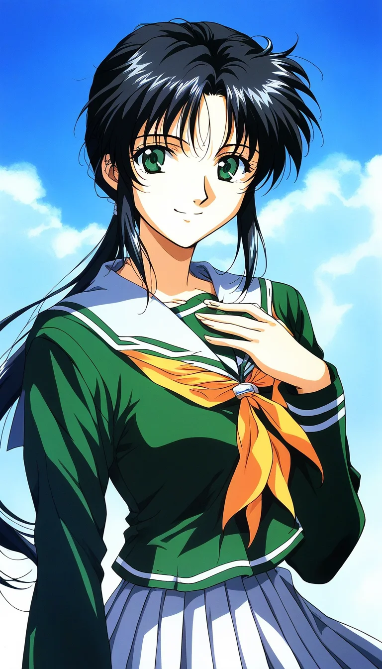score_9, score_8_up, score_7_up, source_anime, rating_explicit, BREAK <lora:Tachibana_Yumi_XL:1> Tachibana_Yumi, black hair, long hair, green eyes, low ponytail, bangs, sidelocks, 1990s (style),
1girl, solo, school uniform, smile, hand on own chest, looking at viewer, long sleeves, upper body,
green shirt, serafuku, skirt, shirt,
blue sky,